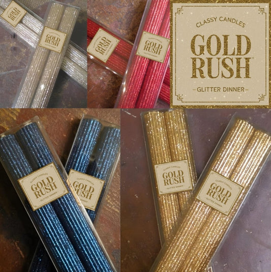 2 Glittered Ribbed Candles (Gold Rush) Size 7" - Classy Candles