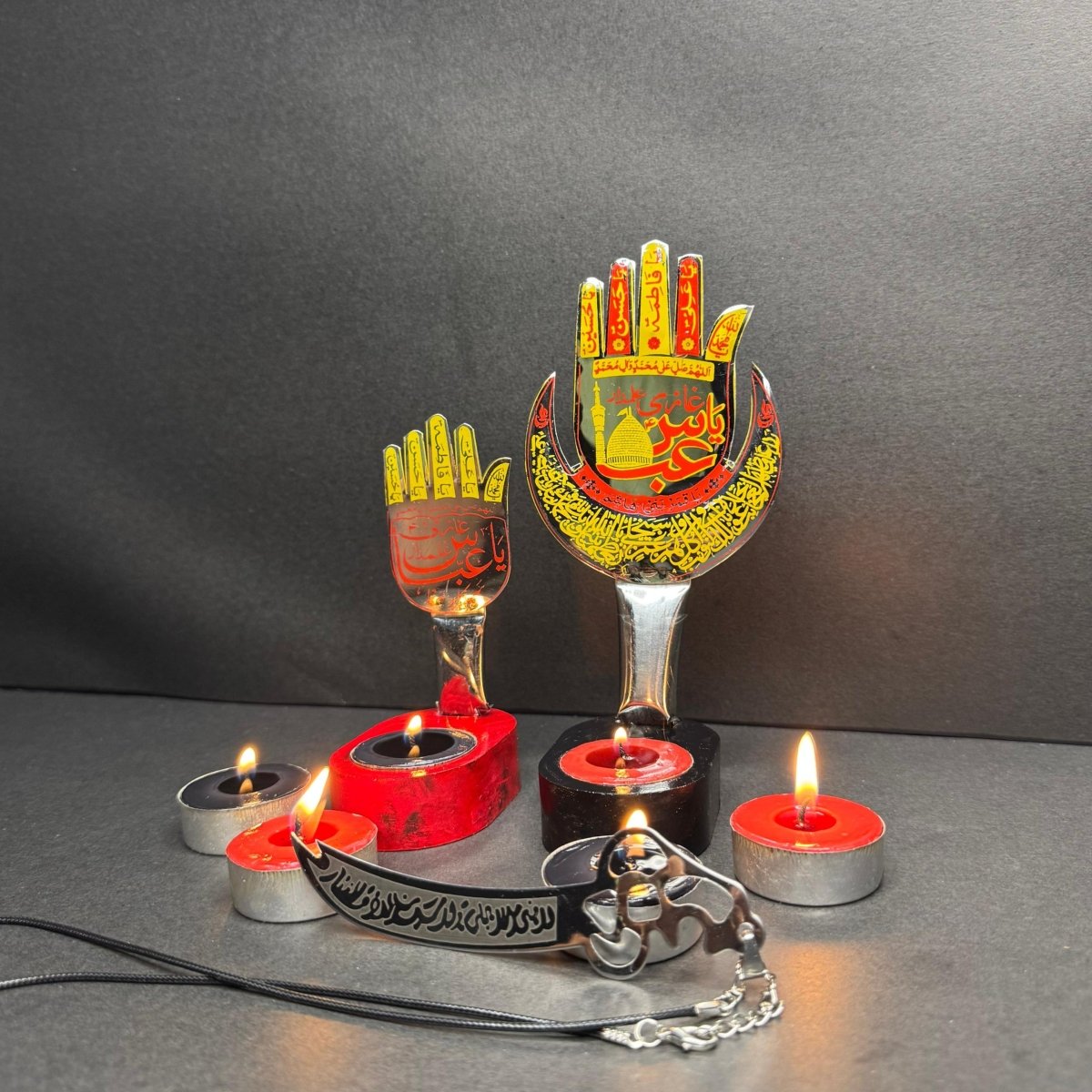 2Pc Set Panjtan Pak Candle Stand Set With Zulfikar Pendant & 6 Tea Lights - Classy Candles