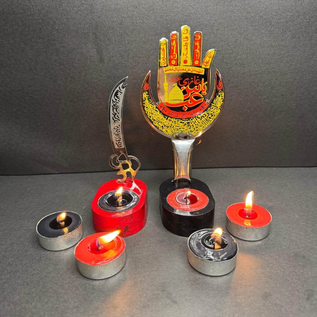 2Pc Set Panjtan Pak Candle Stand Set With Zulfikar Pendant & 6 Tea Lights - Classy Candles