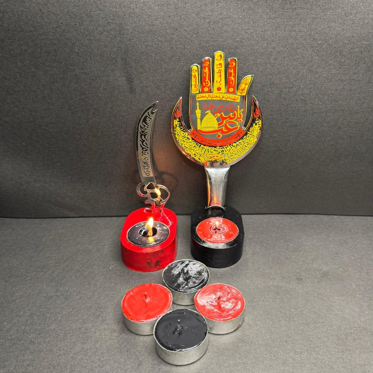2Pc Set Panjtan Pak Candle Stand Set With Zulfikar Pendant & 6 Tea Lights - Classy Candles
