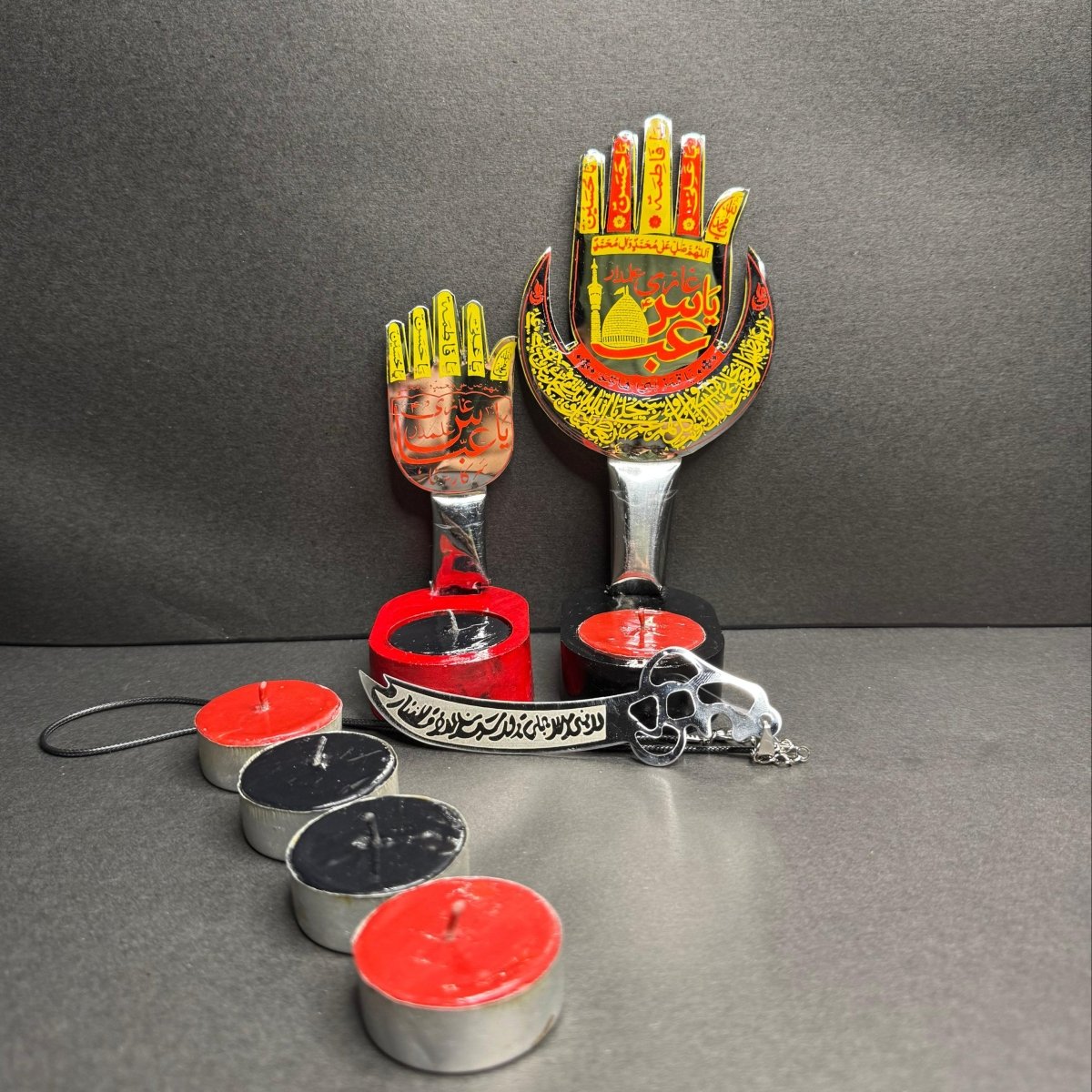 2Pc Set Panjtan Pak Candle Stand Set With Zulfikar Pendant & 6 Tea Lights - Classy Candles