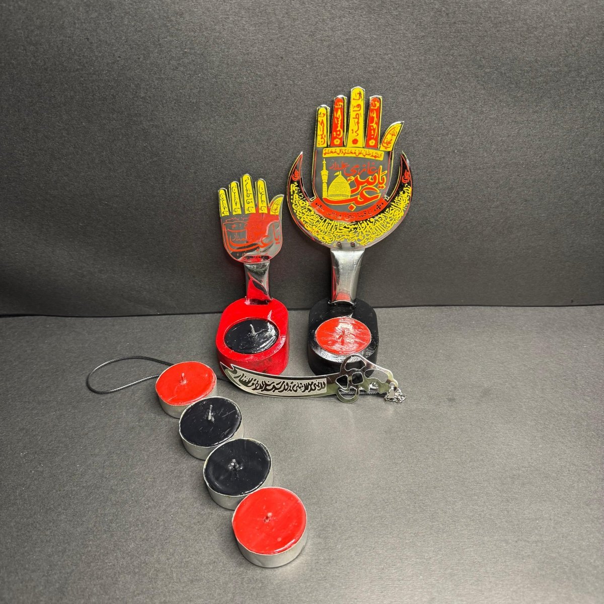 2Pc Set Panjtan Pak Candle Stand Set With Zulfikar Pendant & 6 Tea Lights - Classy Candles