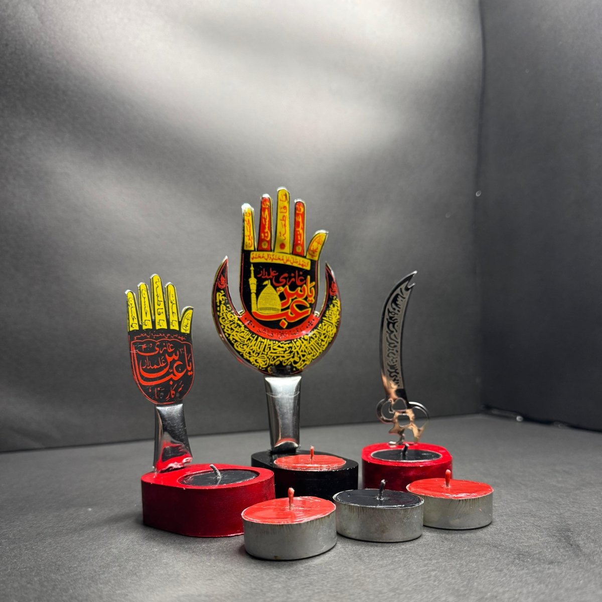 3Pc Panjtan Pak & Zulfikar Sword Candle Stand Set With 6 Tea Lights Candles - Classy Candles