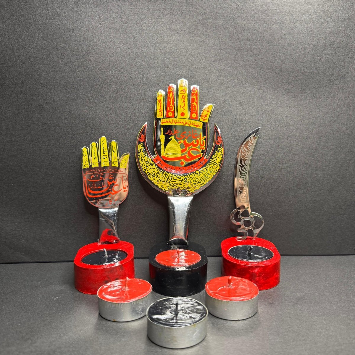 3Pc Panjtan Pak & Zulfikar Sword Candle Stand Set With 6 Tea Lights Candles - Classy Candles