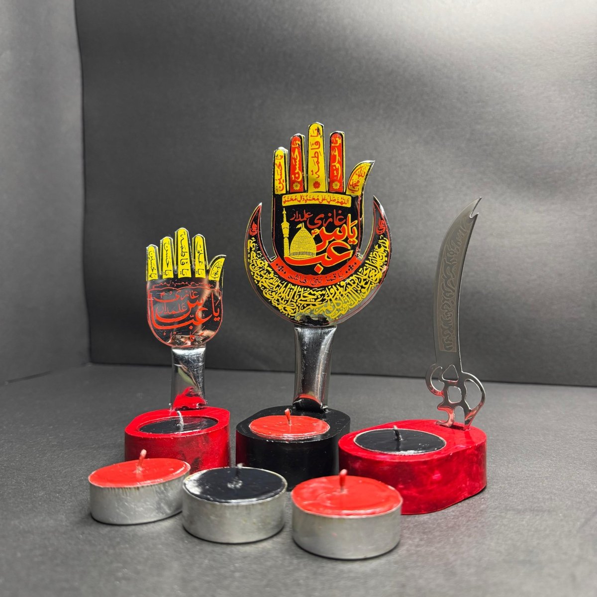 3Pc Panjtan Pak & Zulfikar Sword Candle Stand Set With 6 Tea Lights Candles - Classy Candles