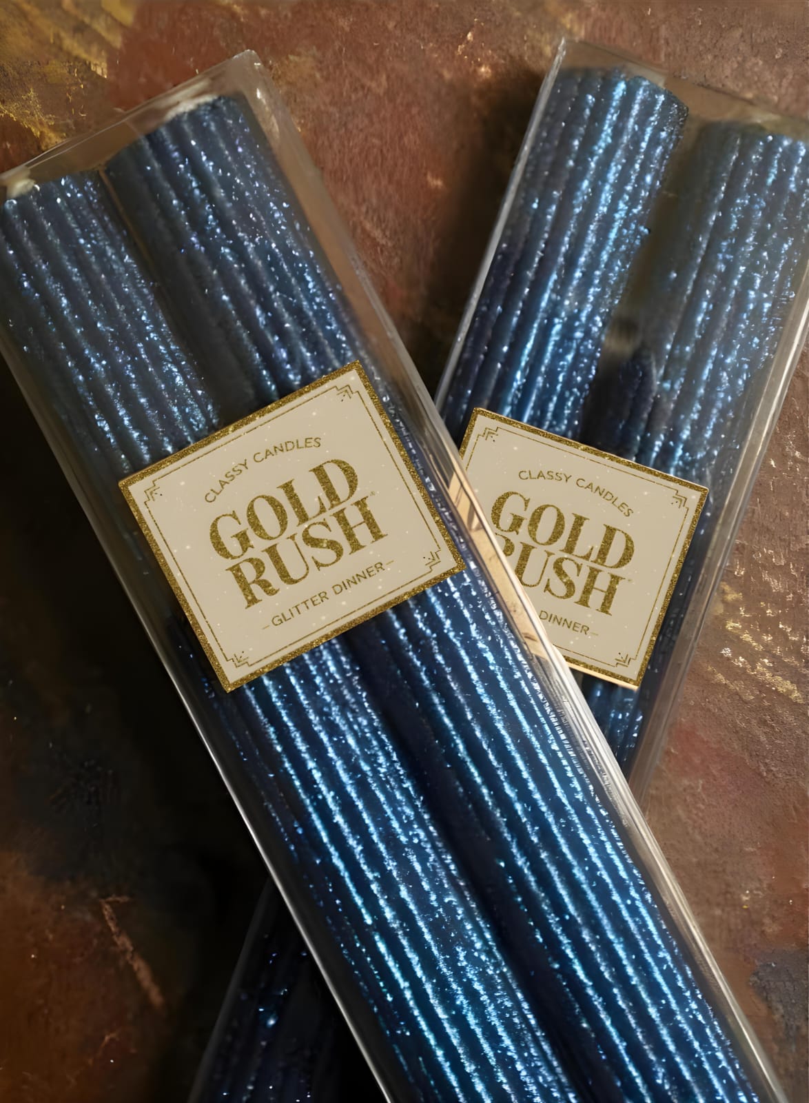 2 Glittered Ribbed Candles (Gold Rush) Size 7"