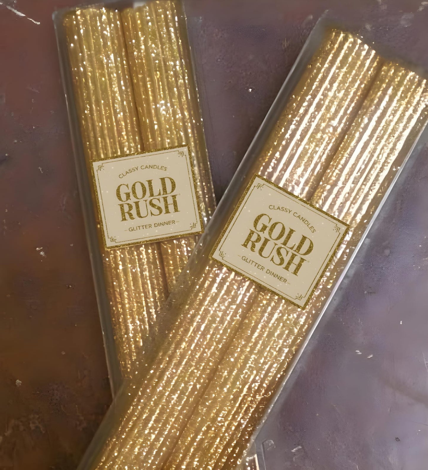 2 Glittered Ribbed Candles (Gold Rush) Size 7"