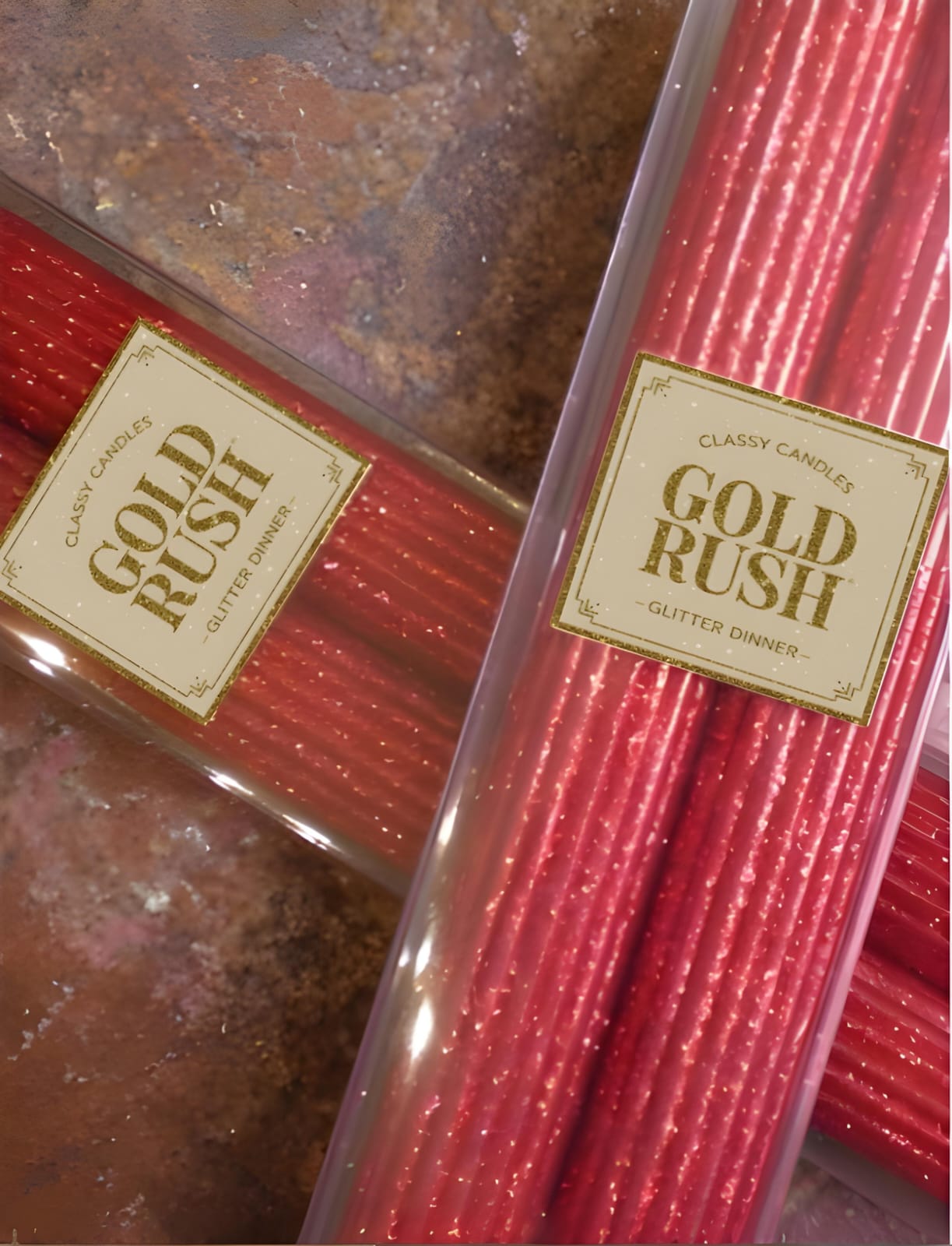 2 Glittered Ribbed Candles (Gold Rush) Size 7"