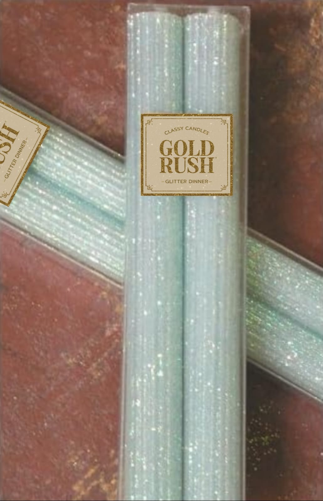 2 Glittered Ribbed Candles (Gold Rush) Size 7"