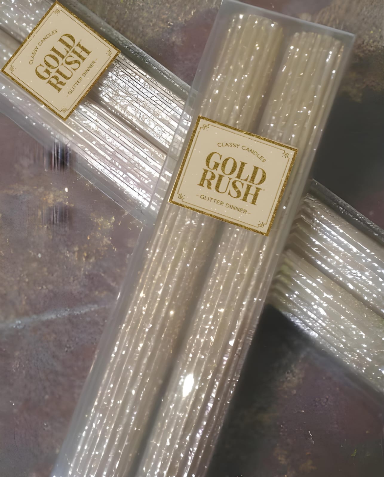 2 Glittered Ribbed Candles (Gold Rush) Size 7"