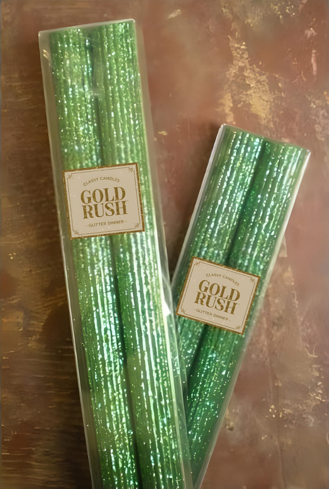 2 Glittered Ribbed Candles (Gold Rush) Size 7"