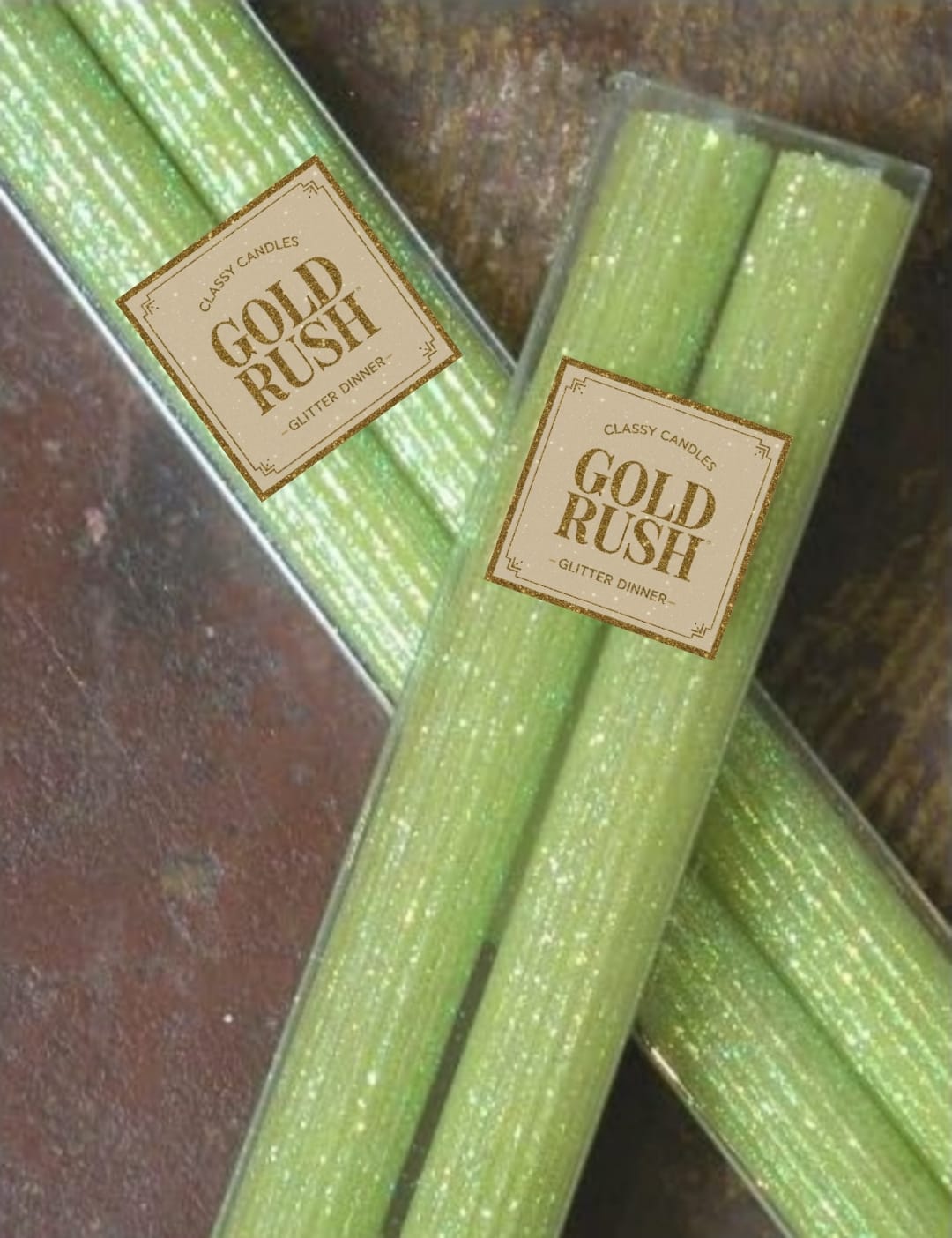 2 Glittered Ribbed Candles (Gold Rush) Size 7"