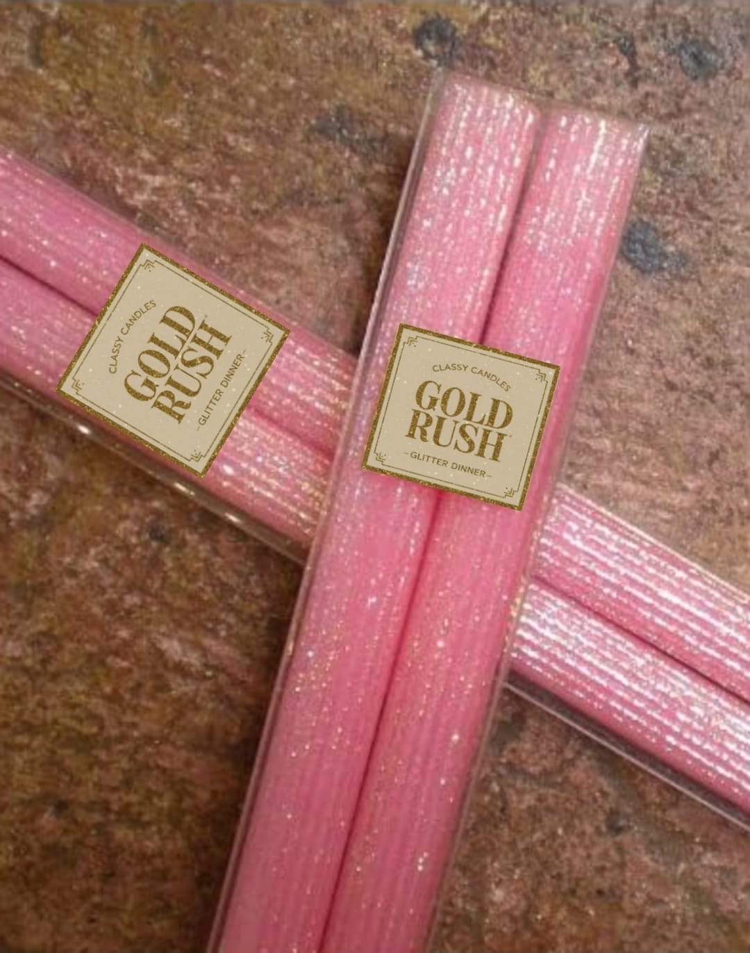 2 Glittered Ribbed Candles (Gold Rush) Size 7"