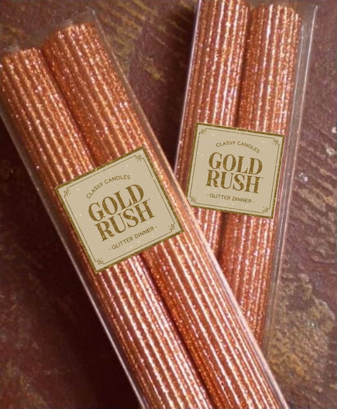 2 Glittered Ribbed Candles (Gold Rush) Size 7"