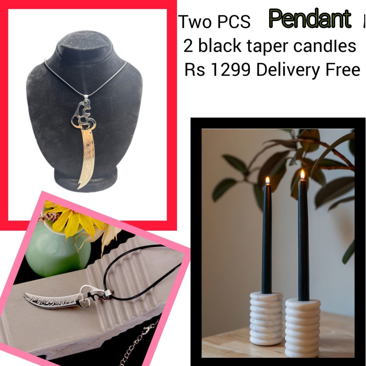 Elegant Pendant Necklace & Black Candle Set – 4 Pcs Combo - Classy Candles